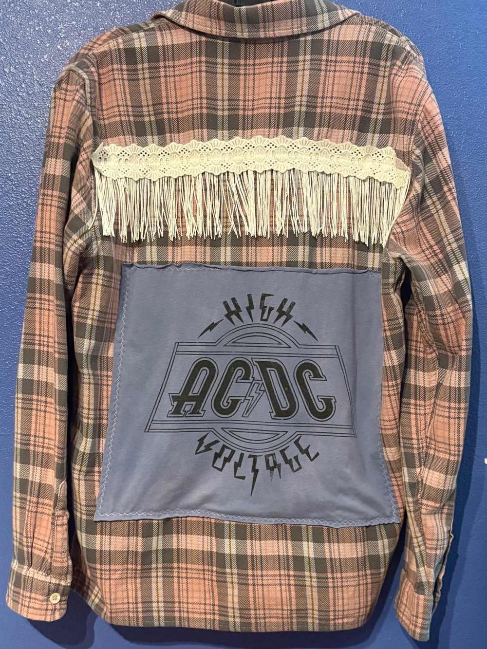 Zara Pink and Gray Plaid Fringe Back AC/DC Patch Button-Down Shirt